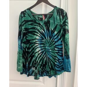 Barbara Lesser Blue Green Black Tie Dye Tunic Top Sz. S cotton made in USA